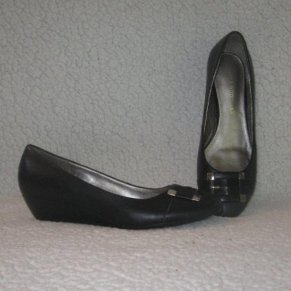 Dana Buchman Alexandria Black Leather Buckle Wedges